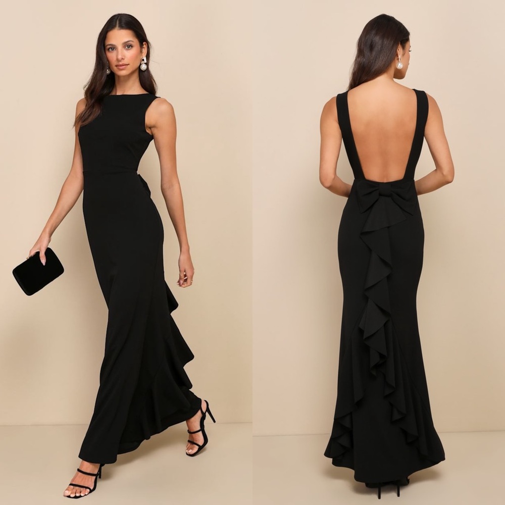 LULUS Ruffle Bow Detail Open‎ Back Sleeveless Mermaid Skirt Wedding Guest Gown M